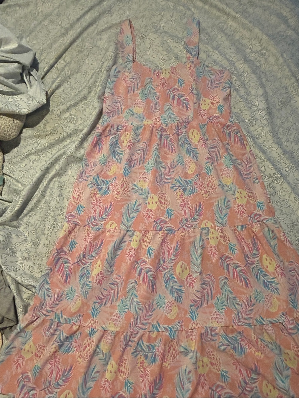 Simply Southern Peach Pineapple Print Sundress with Blue and Pink Leaves - Picture 2 of 6